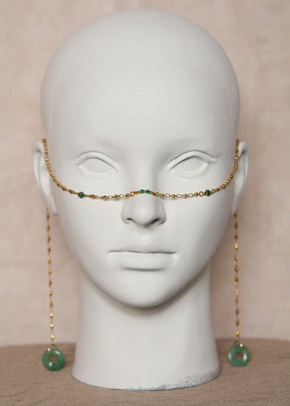 Chaîne de visage en acier inoxydable plaqué or et disques de pierre d'aventurine. Fait main à Montréal. Bijou facial festival, photoshoot, boho. Bijou doré tribal alternatif.