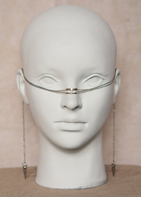 Chaîne de visage en acier inoxydable, bridge artisanal en argent sterling 925, pendentifs spike. Fait main à Montréal. Bijou facial festival, performance, photoshoot. Bijou alternatif goth.