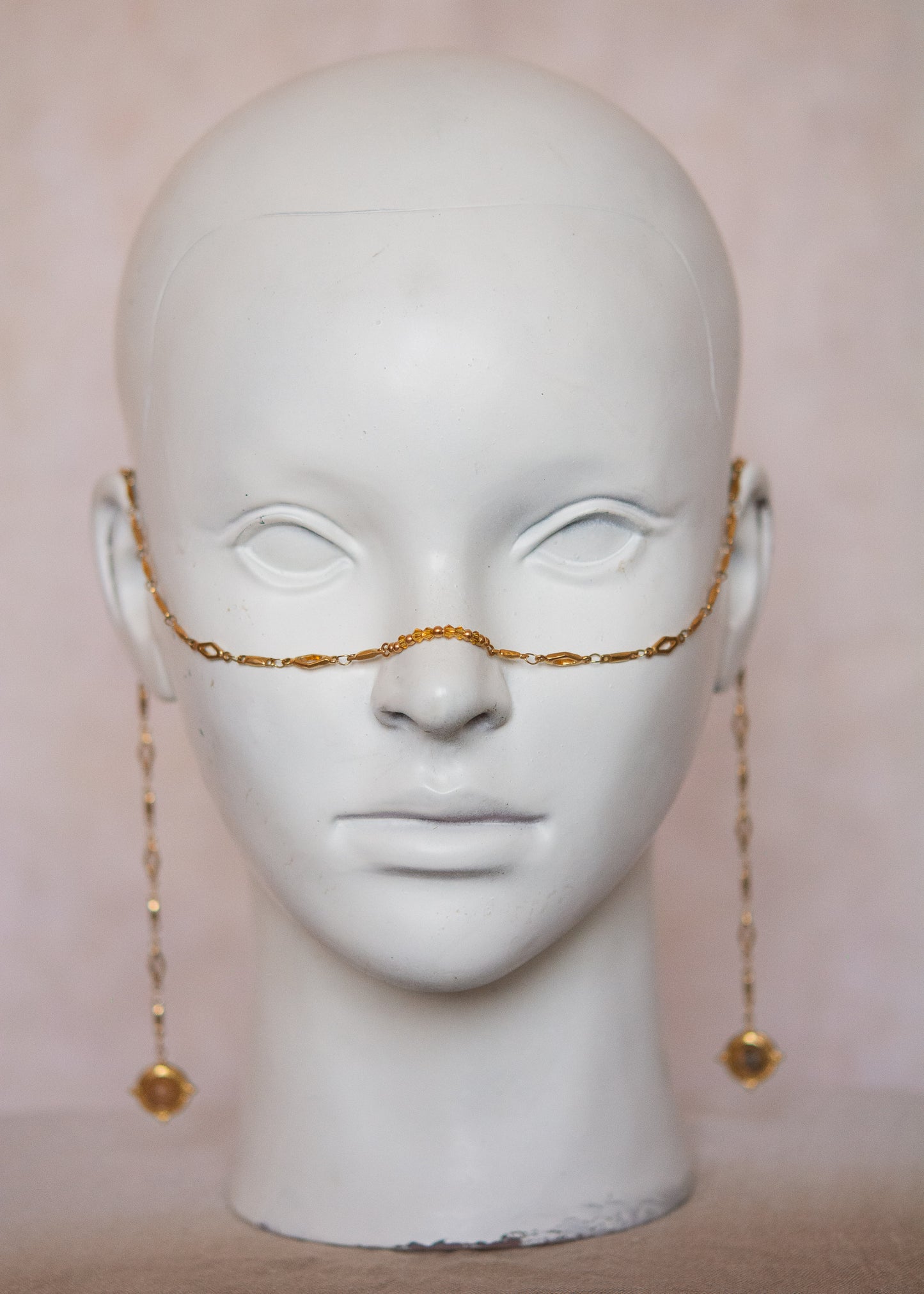 Chaîne de visage mystique en acier doré, géométrie losange et jaspe paysage. Bijou facial pour festival, costume, photoshoot...