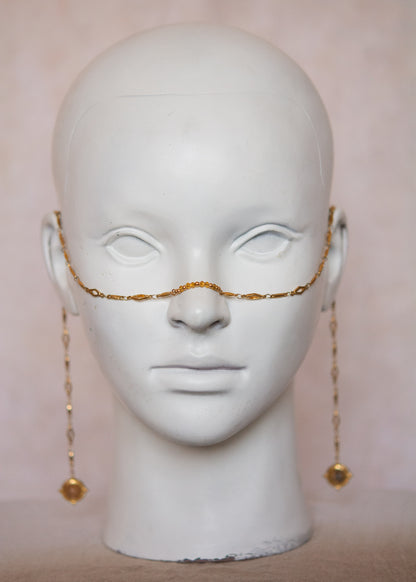 Chaîne de visage mystique en acier doré, géométrie losange et jaspe paysage. Bijou facial pour festival, costume, photoshoot...