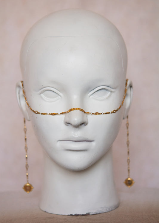 Chaîne de visage mystique en acier doré, géométrie losange et jaspe paysage. Bijou facial pour festival, costume, photoshoot...