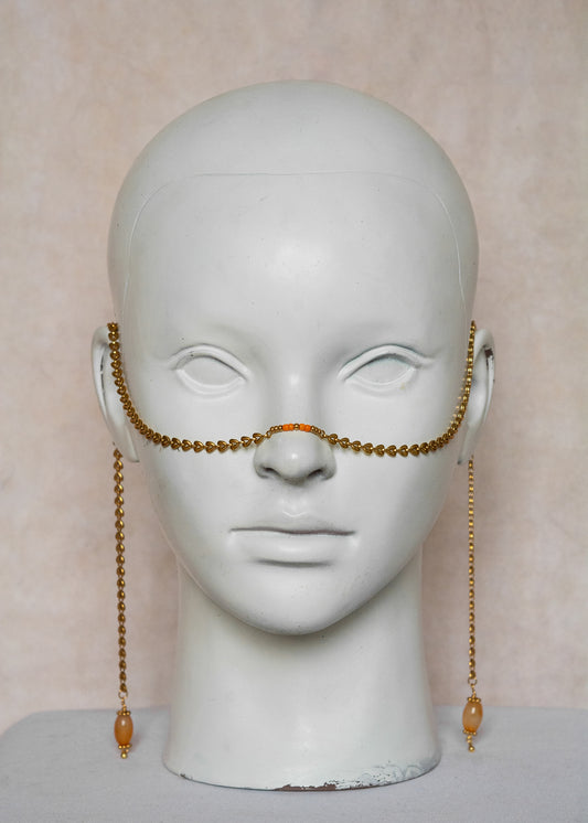 Chaîne de visage en acier inoxydable doré, perles orange et pierres d’agate orange. Bijou boho chic festival ou soirée.