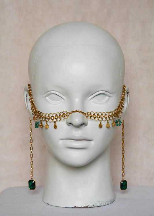 Chaîne de visage en acier inoxydable doré, fleur en perles vertes, pendentif zircon émeraude. Accessoire boho chic pour festival.