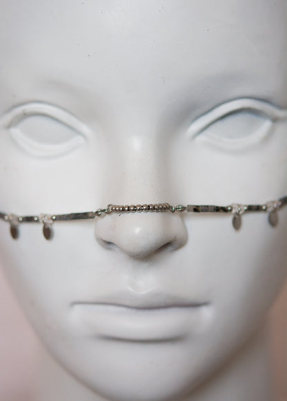 Bijou facial mystique en larvikite, breloques acier et charme en argent 925. Accessoire goth, costume, photoshoot, festival...