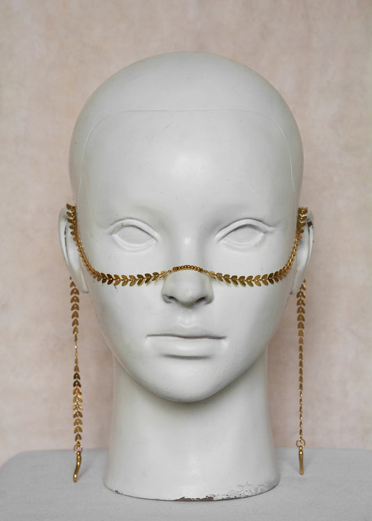 Chaîne de visage en acier inoxydable doré, motif feuille, pendentifs corne. Bijou facial boho chic nature et talisman. Festival, costume, événement...