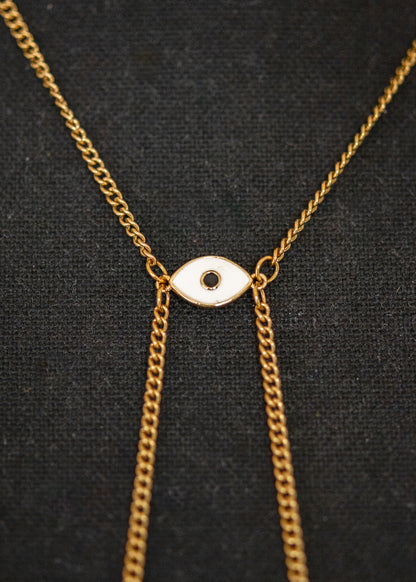 Chaîne de corps en acier inoxydable doré, minimalisme épuré, look bohème chic avec oeil protecteur en or rempli 14k.