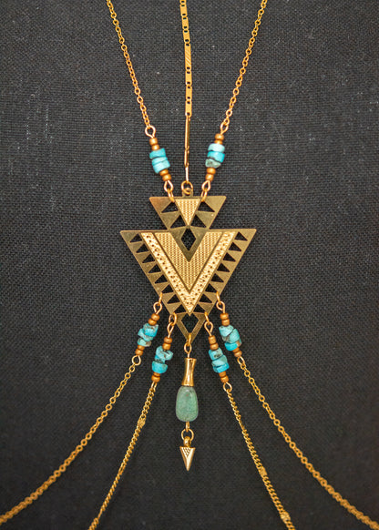 Chaîne de corps en acier inoxydable doré et pierres de turquoise, look bohème hippie chic, pour look estival, festival, etc.