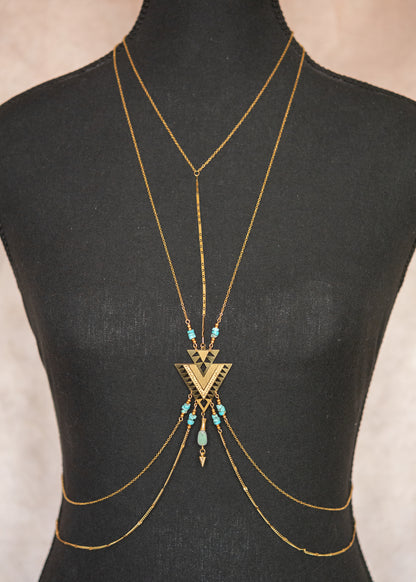 Chaîne de corps en acier inoxydable doré et pierres de turquoise, look bohème hippie chic, pour look estival, festival, etc.