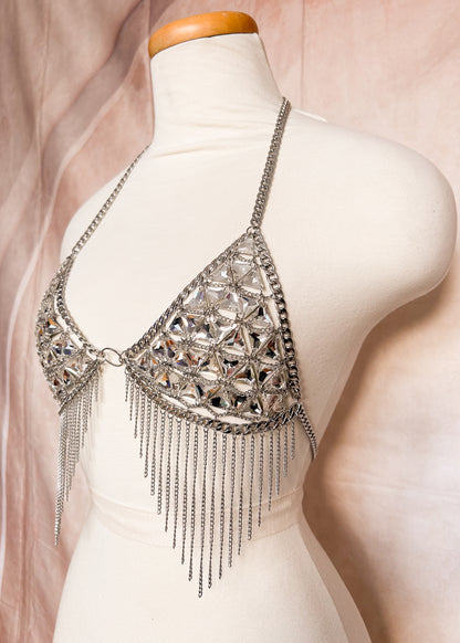 Top bikini unique en cristaux de verre et chaînes acier inoxydable. Franges, style nordique, festival, costume, petite poitrine. Fait main à Montréal.