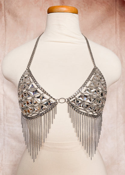 Top bikini unique en cristaux de verre et chaînes acier inoxydable. Franges, style nordique, festival, costume, petite poitrine. Fait main à Montréal.