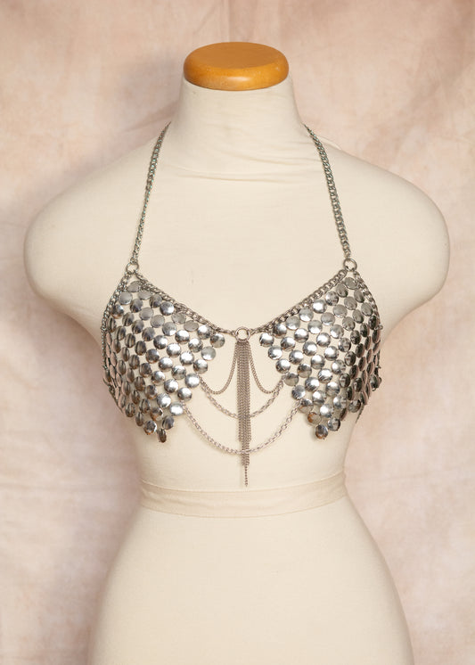 Brassière en maille de disques miroir et chaînes en acier inoxydable. Style armure, festival, scène, costume. Fait main à Montréal. Pièce unique.
