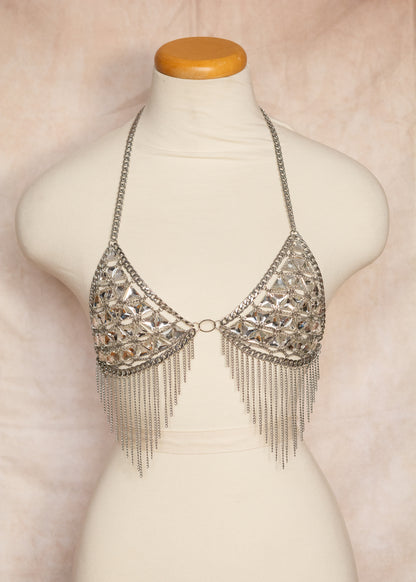Top bikini unique en cristaux de verre et chaînes acier inoxydable. Franges, style nordique, festival, costume, petite poitrine. Fait main à Montréal.
