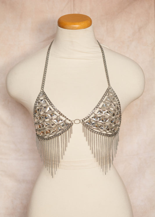 Top bikini unique en cristaux de verre et chaînes acier inoxydable. Franges, style nordique, festival, costume, petite poitrine. Fait main à Montréal.