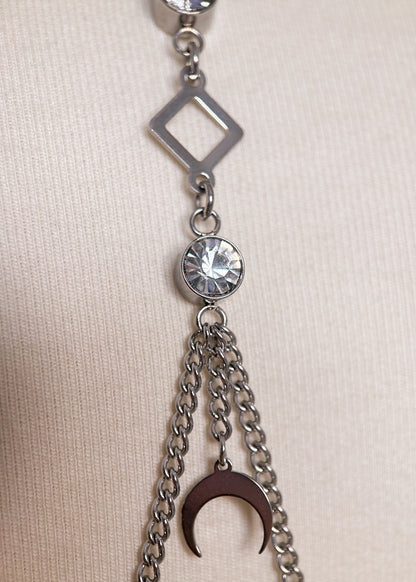Chaîne de corps en acier inoxydable avec zircon et pendentif lune, bijou céleste, mystique, minimaliste, festival, soirée.