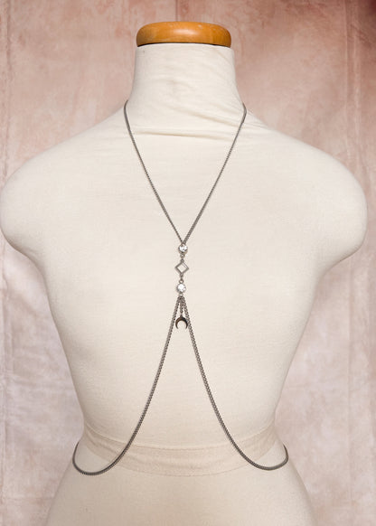 Chaîne de corps en acier inoxydable avec zircon et pendentif lune, bijou céleste, mystique, minimaliste, festival, soirée.