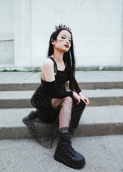 Couronne de quartz et agate noire, chaîne de visage noir et or, pyrite et labradorite. Bijou facial éclipse, goth, festival, fait main à Montréal.