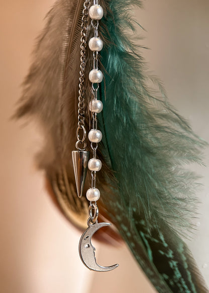 Chaîne de visage en acier inoxydable, bridge du nez en argent sterling 925, plumes naturelles, fait main à Montréal. Bijou facial bohème pour festival, photoshoot.