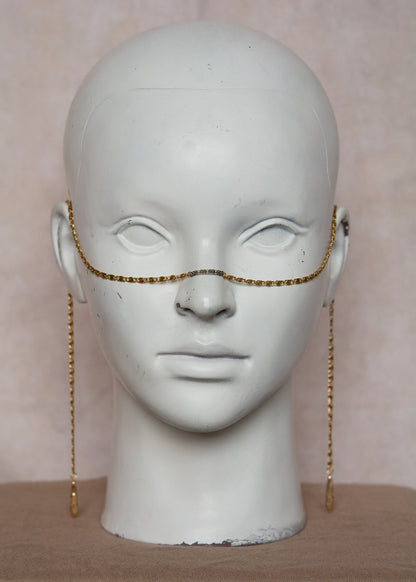 Bijou facial en chaîne d'acier inoxydable plaqué or, perles grises Miyuki et pendentifs dorés 18 carats. Accessoire précieux, look bohème. Bijou festival.