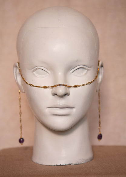 Chaîne géométrique avec cristaux violets et améthystes. Bijou facial idéal pour festival, cérémonie, performance, costume, photoshoot...