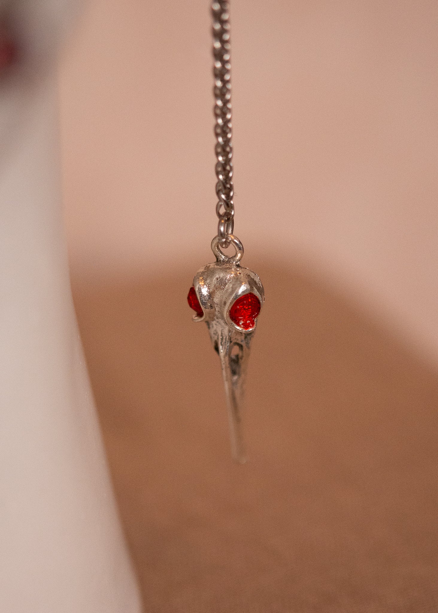 Chaîne de visage en acier inoxydable noir et argent avec détails rouges et crânes d’oiseaux en métal. Bijou gothique, mystérieux, shamanique. Bijou facial.