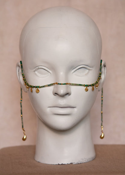 Bijou facial en agate mousse avec oiseaux dorés et gouttes. Chaîne de visage dorée inspirée de l’Égypte antique, idéale pour festivals et costumes solaires.