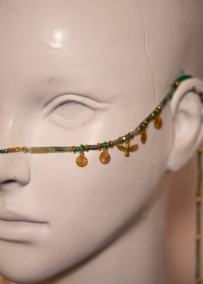 Bijou facial en agate mousse avec oiseaux dorés et gouttes. Chaîne de visage dorée inspirée de l’Égypte antique, idéale pour festivals et costumes solaires.