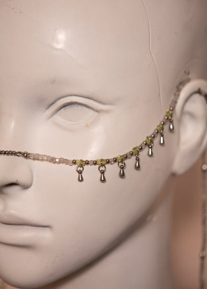 Chaîne de visage en labradorite et péridot avec gouttes argentées acier inoxydable. Bijou mystique pour look céleste, festival ou costume fantasy.