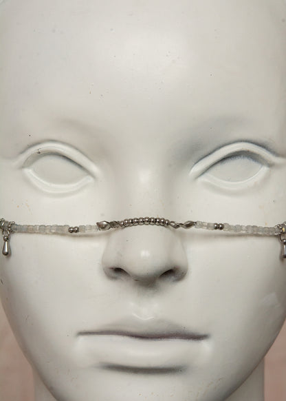 Bijou facial artisanal en labradorite naturelle et acier inoxydable. Accessoire mystique avec breloques œil protecteur. Pièce unique stimulant l'intuition, idéale pour festivals, rituels ou pour apporter une dimension spirituelle au style quotidien.